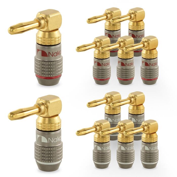 Позолочені бананові роз'єми Nakamichi FanLock Excel-Serie (12 шт), правокутні конектори для акустичних кабелів Hi-Fi та підсилювачів, 10-18 AWG