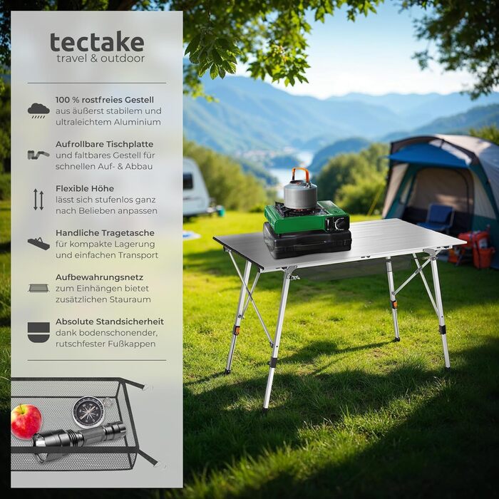 Стіл для кемпінгу Tectake®: розкладний, алюміній, XXL, водостійкий, регульована висота, 120 x 70,5 см