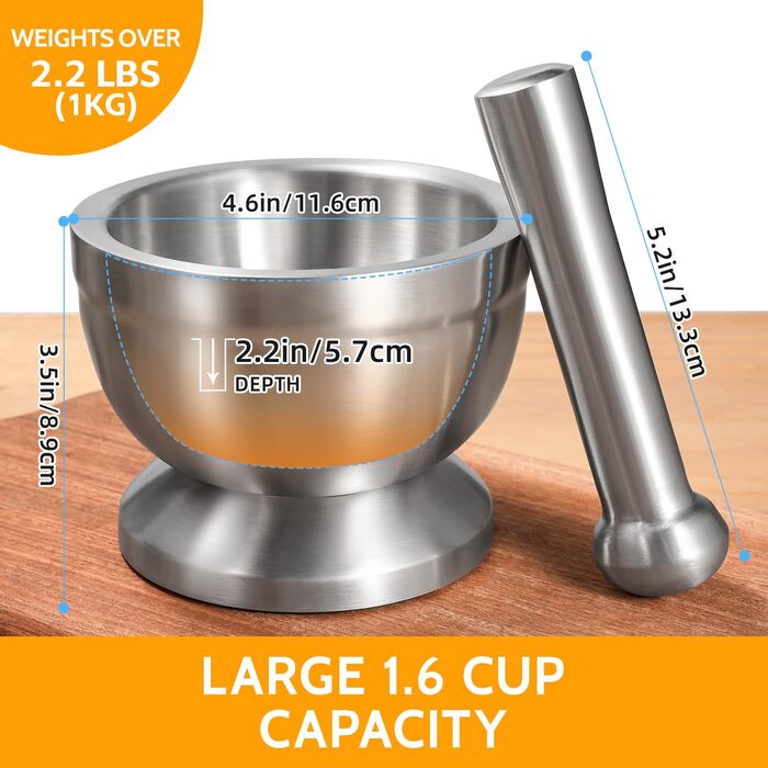 Ступка з товкачиком Sopito, нержавіюча сталь, 380 мл, діаметр 10 см - для спецій та трав