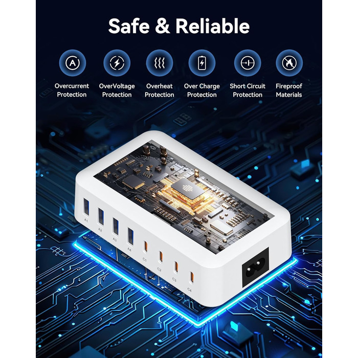 Зарядний пристрій USB-C 200W, 8 портів, LCD-дисплей, PD 65W для MacBook, iPad, iPhone 16/15/14/13 Pro/Max, Samsung S24/S23 - Чорний