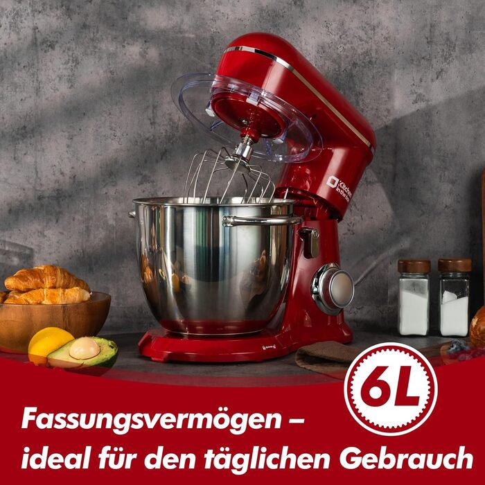 Кухонна машина Küchenmaschine 6 л, 1300 Вт, 10+ швидкостей, з набором насадок (міксер, гак для тіста, вінчик), темно-зелений/червоний