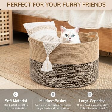 TIMEYARD Storage Basket, Storage Basket for Kids, Children's Laundry Basket, Large Christmas Tree Basket, Basket for Blankets, Baby Toys, Woven Basket, 55x35cm, Black & Jute