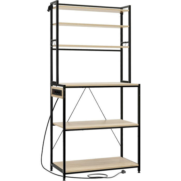 Кухонна полиця WOLTU з 6 ярусами, з розетками, мікрохвильова полиця з 6 гачками, полиця для пекаря з металевим каркасом, регульовані полиці, Чорний+Рустикальне коричневе, 60 x 167 x 40 см (Чорний+світлий дуб, 80 x 39,5 x 167 см)
