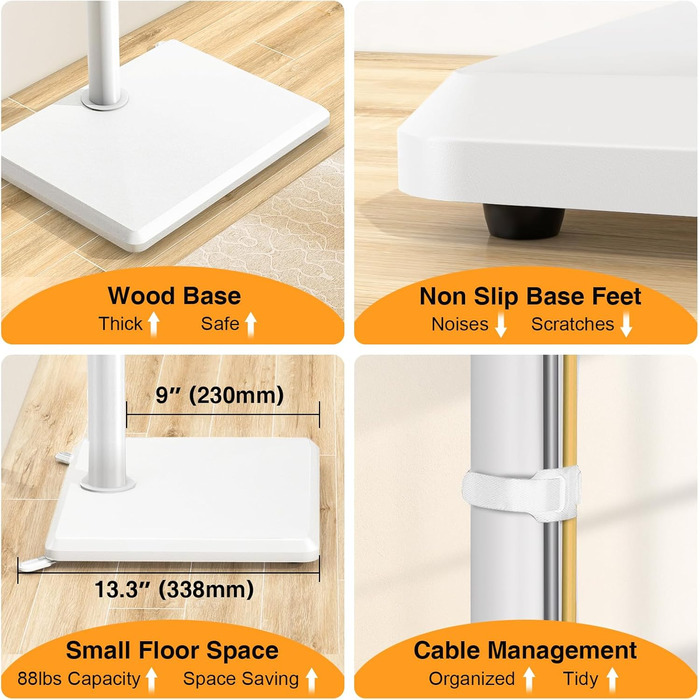 Підставка для телевізора TVON на підлозі з кріпленням для більшості телевізорів 81.3 - 152.4 см (32-60 дюймів) до 40 кг, регульована по висоті підставка з дерев'яною основою, економна, підлогова підставка для телевізора білого кольору з дерев'яною основою