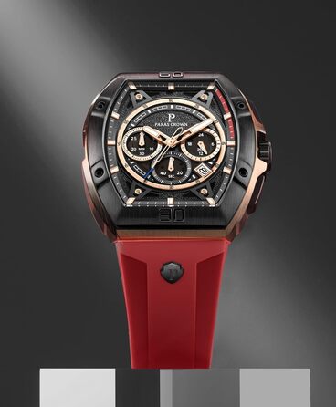 Чоловічий годинник-хронограф на кварцовому механізмі з японським годинниковим механізмом, 5ATM, корпус з нержавіючої сталі, тонка форма корпусу (Tonneau), силіконовий ремінець (рожево-червоний)