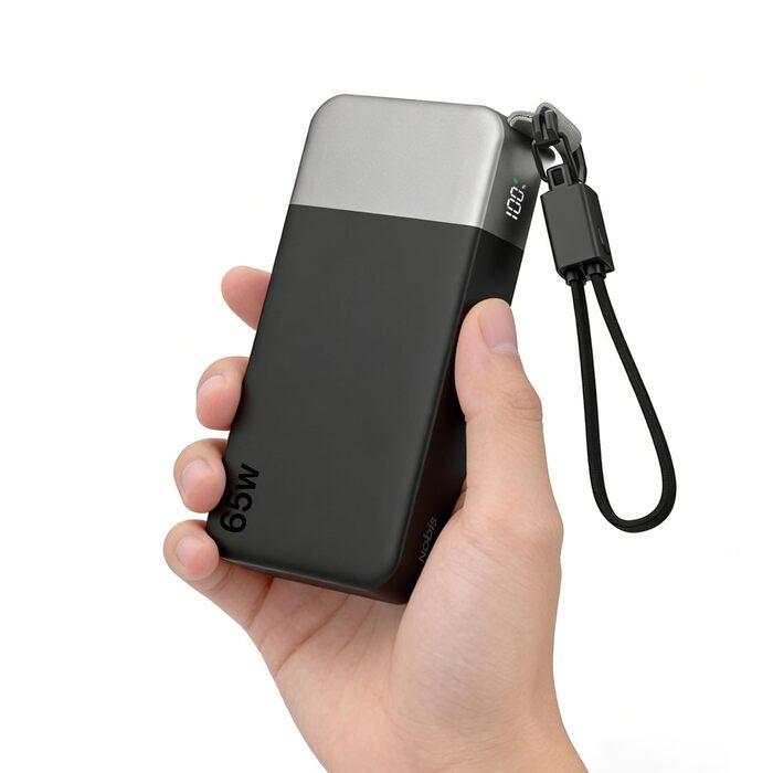 Повербанк NOBIS 20000 mAh 65W з вбудованим кабелем, швидка зарядка, 2x USB-C та 2x USB-A, для ноутбуків, планшетів та смартфонів, чорний