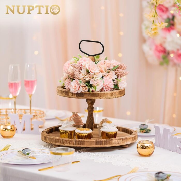 Двоярусна підставка для тортів NUPTIO з дерева, дерев'яна підставка для чаювання, рустикальна підставка для тортів у стилі ферми, солодкий стійкий стійка з металевою ручкою для весілля, дня народження, Різдва, Хелловіна, вечірки, світло-коричнева