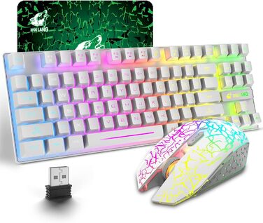 Бездротова ігрова клавіатура та миша, 87 клавіш, RGB-підсвічування, акумулятор 3800 mAh, механічний відгук, Anti-Ghosting, ергономічний дизайн, вологостійкість, RGB-миша (біла)