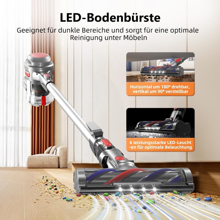 Бездротовий пилосос Authmic 40000Pa з акумулятором, час роботи до 50 хв, об'єм контейнера 1.6 л, HEPA фільтр×4, для килимів, твердих поверхонь, шерсті тварин (темно-червоний)