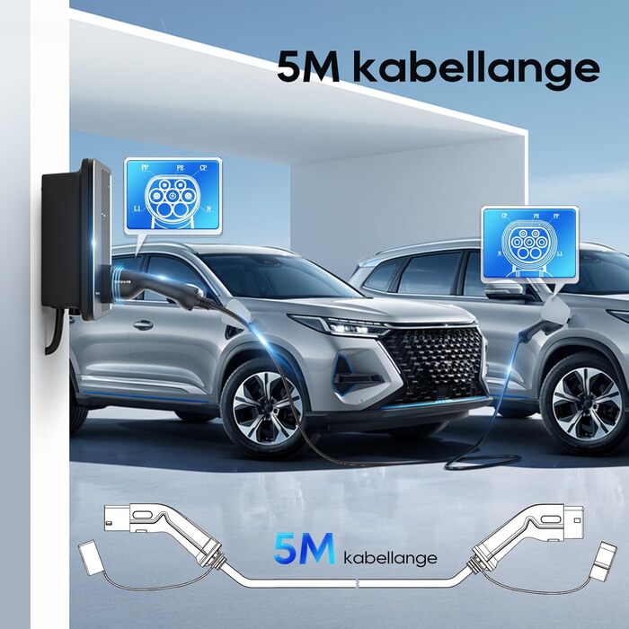 Портативний зарядний пристрій для електромобілів Type 2 (IEC 62196-2) з LCD-дисплеєм, 3.68kW, 6-16A, 5м, IP65, 16A, 22kW, чорний