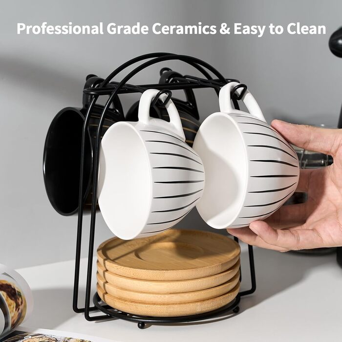 Набір керамічних кавових чашок LUKA з підставками та металевим тримачем (6 шт.), 118 мл, порцелянові демітас для еспресо, лате, кави, мокко, чаю, в смугастих кольорах білий та чорний