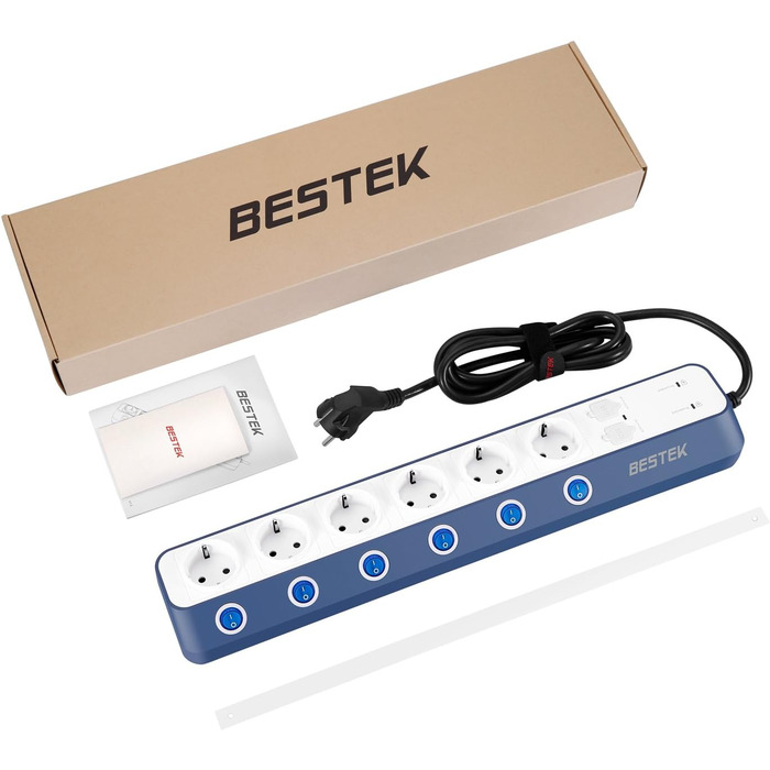 Мережевий фільтр BESTEK з 6 розетками, 4 USB, захистом від перенапруги 900 Дж, вимикач, синій та білий