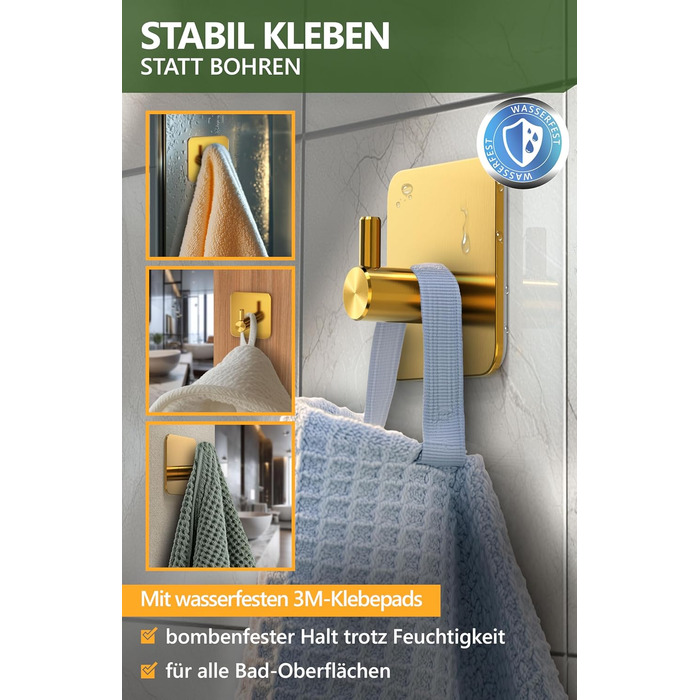 Набір гачків для рушників 4smile (6 шт) - самоклеючі, золоті, для ванної кімнати