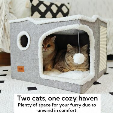Spindro Cat Cave Cat Bed Large, Cat House Indoor Cat Sleeping Place with Removable Sherpa Cat Cushion and Hanging Toy, Cat Bed, Light Grey 42x42x33cm