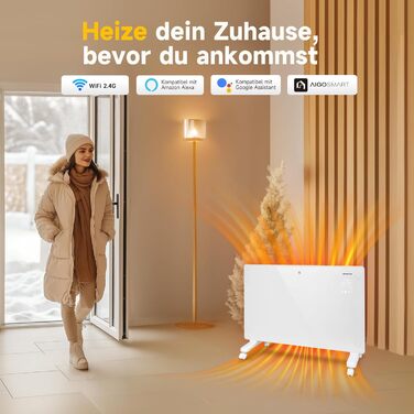 Електричний конвектор Aigostar з термостатом та Wi-Fi, 2000W, для кімнат до 30 м², чорний. Можлива установка на стіну або на підлогу.