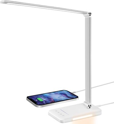 LED лампа настільна диммерна - 560LM, офісна лампа з 5 режимами кольору та 10 рівнями яскравості, з нічним світлом, USB-порт, функція пам'яті та таймер, 10W - білий сріблястий колір