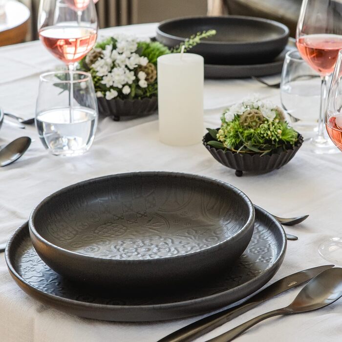 MÄSER Серія Tiles Vintage - посуд для 4 осіб у мавританському стилі, 12 предметів, чорний керамічний сервіз (комбінований)