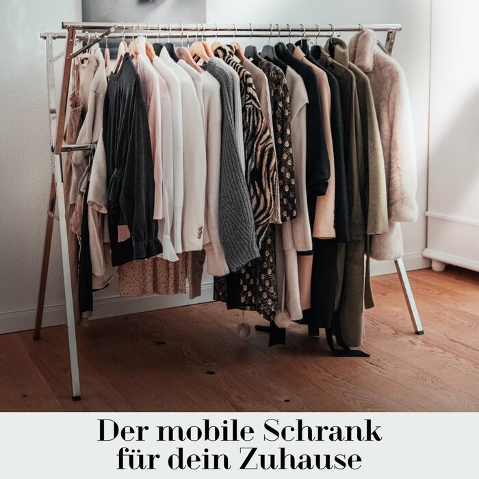 Clothes Rack / Laundry Rack + Bag Moritz [Extendable 1.30-2.0m, foldable, very stable stainless steel] Clothes Rail, Coat Rack, Entrance Hall Coat Rack, Open Wardrobe (Silver, with hooks / with bag / with wheels)