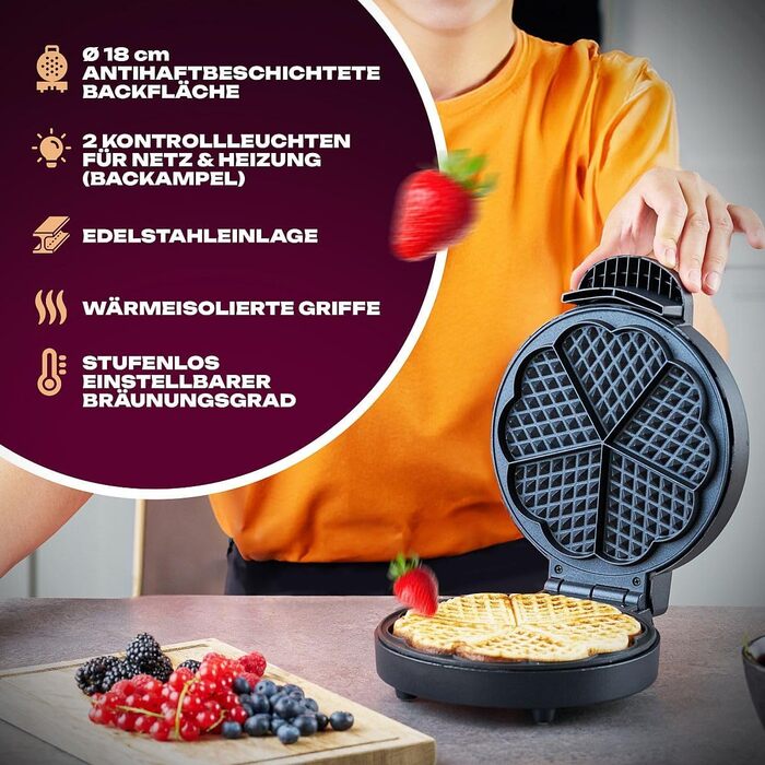 Вафельниця Bomann WA 1365 CB Single з антипригарним покриттям, Ø 18 см, форма серця, регулювання ступеня прожарювання, індикатор нагріву, сталева вставка, 1000W