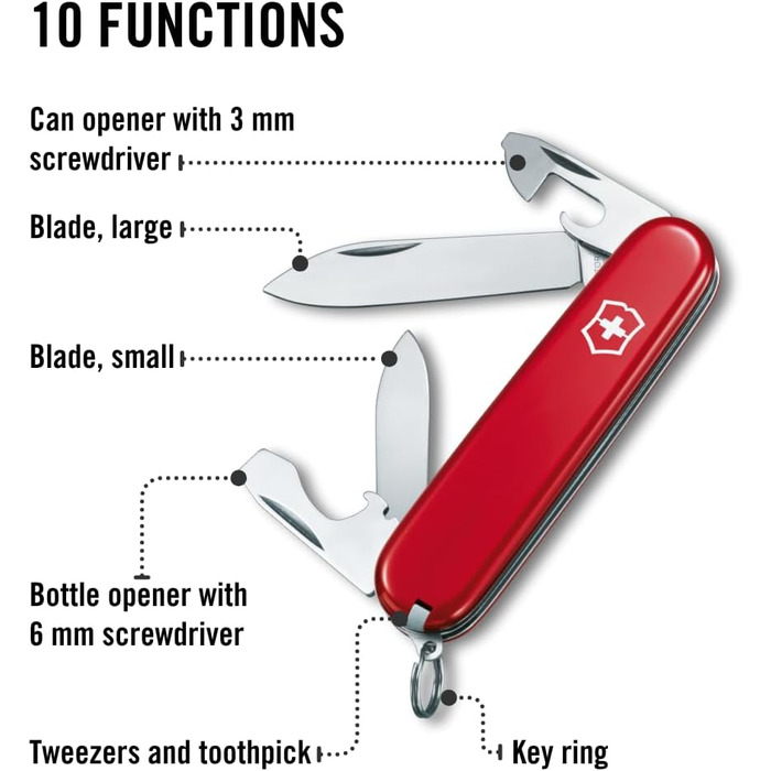 Мультитул Victorinox Recruit: Швейцарський ніж з 10 функціями, ніж, відкривачка для консервів, викрутка 3 мм