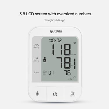 Тонометр Yuwell для вимірювання артеріального тиску та пульсу | 2 користувачі, 74x2 пам'ять, велика манжета (22-45 см), дисплей 3.8', подвійне живлення (YE670A)
