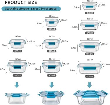 Набір контейнерів для зберігання продуктів Glas, 18 частин (9 контейнерів, 9 кришок), BPA-free, підходить для миття в посудомийній машині, мікрохвильовій печі та морозильній камері, виготовлені з скла, витікання неможливе, колір: бірюзовий
