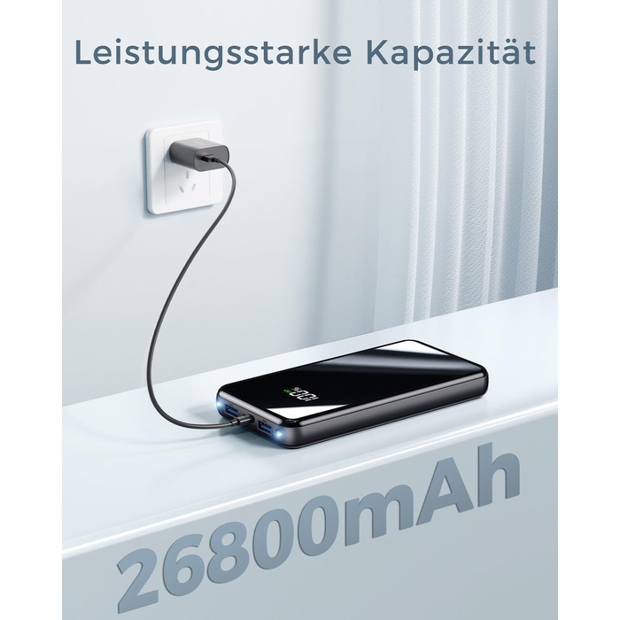 Портативний акумулятор Power Bank 26800mAh з LED дисплеєм, швидкою зарядкою 22.5W USB-C PD3.0 & QC4.0, чорний. Сумісний з iPhone 16 Pro Max, Galaxy S25 Edge/S24, планшетами