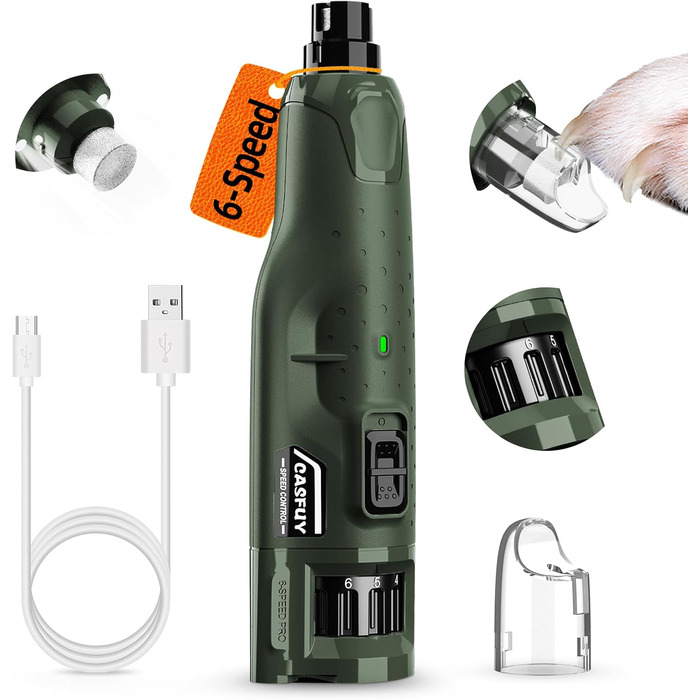 Електричний точило для собачих кігтів Casfuy - 6 режимів, 2 LED, для великих, середніх та маленьких собак. З захистом від пилу (білий, армійний зелений)