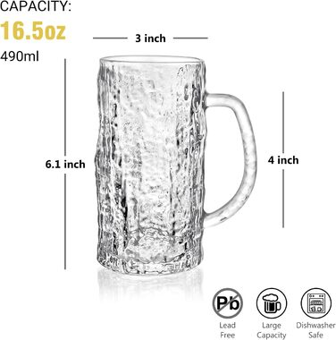 Набір з 2 скляних кружок для пива на 0,58 літра (490 мл) з ручкою, для морозильної камери, ретро стиль, подарунок для чоловіків