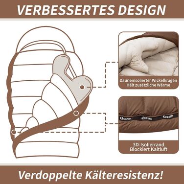 Пуховий спальний мішок для дорослих та дітей, легкий зимовий спальник Outdoor 8°C ~ -30°C для кемпінгу та альпінізму з 650 FP гусячим пухом (кава, 1500г пуху)