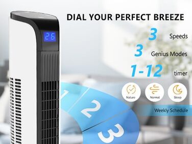 Вентилятор вежний Bonnlo з пультом, Wi-Fi, LED-дисплеєм, 3 швидкості, 3 режими (природний/звичайний/нічний), 60° осциляція, 24 ft/s, 40 дБ, білий