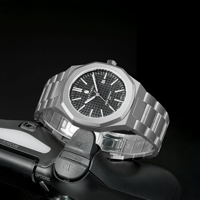 Годинник SAPPHERO для чоловіків з нержавіючої сталі, 50M водостійкий, класичний аналоговий кварц з календарем. Елегантний подарунок для чоловіків (сріблястий браслет/чорний циферблат)