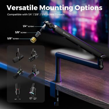 Підставка для мікрофона NearStream ST20 з поворотним кріпленням 360°, регульована висота та адаптер 3/8-5/8 - для подкастів, стрімінгу, геймінгу, офісу