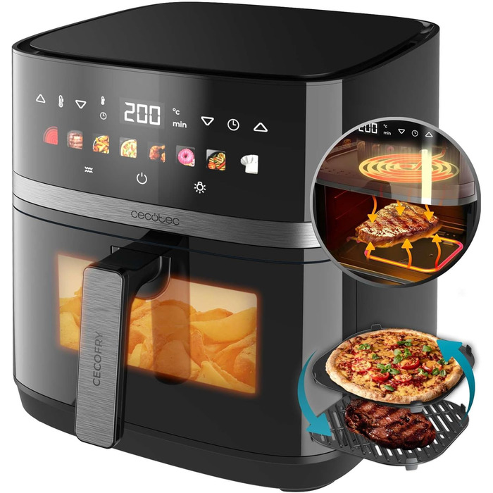 Cecotec Oil-Free Hot Air Fryer 8L Grill Plate - Grill - Double Heating Elements - Cecofry&Grill Duoheat 8000. 2200W, Dietetic and Digital, Window, Temperature Control 80-200°C, 8 Menus