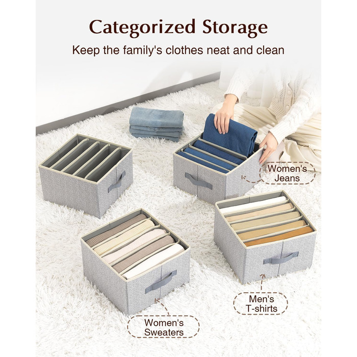 4 Piece Drawer Organizer, Jeans Closet Organizer, Foldable Storage Box with Compartments for Storing Clothes, Jeans, Shirts, Blankets, Underwear
