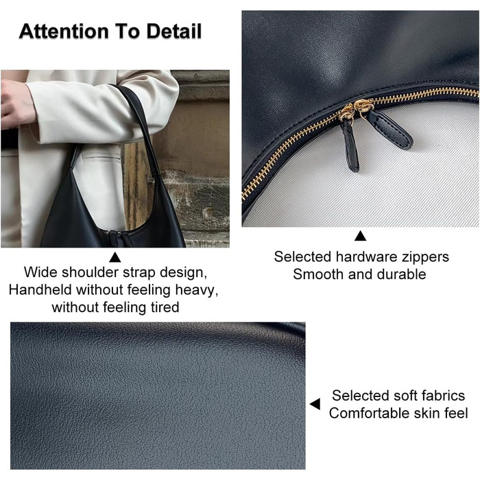 Сумка жіноча Hobo Bag з м'якої PU шкіри чорного кольору, велика сумка-тоут на плече для офісу та подорожей, вінтажний стиль