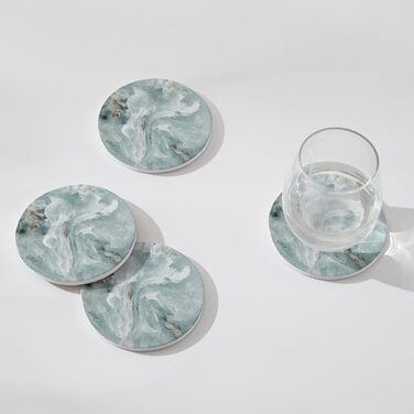 Set of 6 abstract dark blue marble coasters with holder, absorbent ceramic coasters for drinks, coasters with cork backing for table protection, housewarming gifts (Abstract Green Marble)