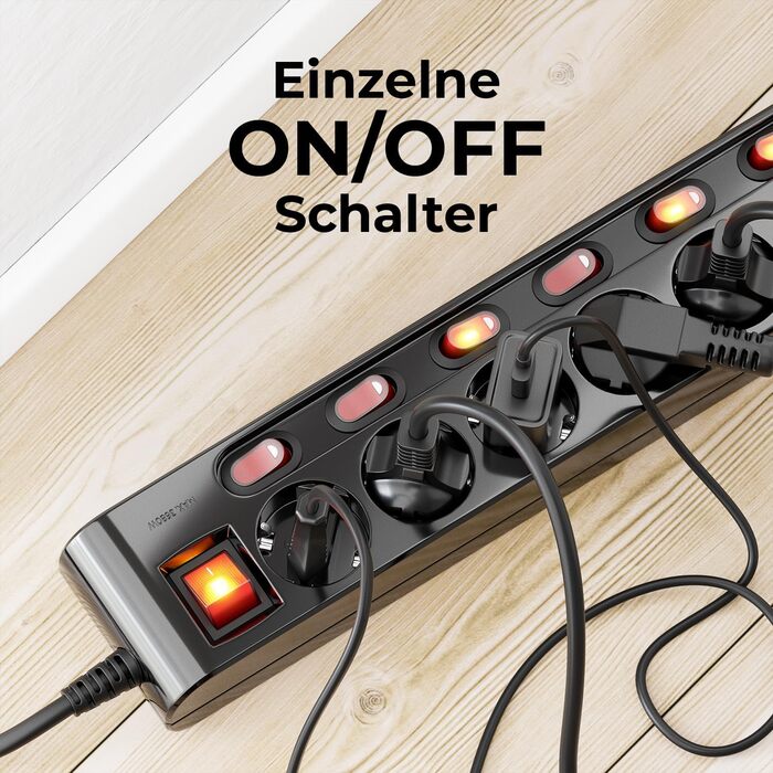 Многофункціональна мережева стрічка deleyCON з 6 розетками та індивідуальними вимикачами (3м, чорна)