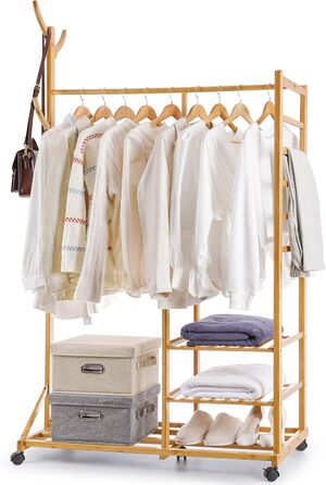 Yorbay Bamboo Clothes Rack with Wheels, with Clothes Rail, 3 Shelves and 6 Hooks, Tree Shape, 100 x 38 x 176 cm (Natural)