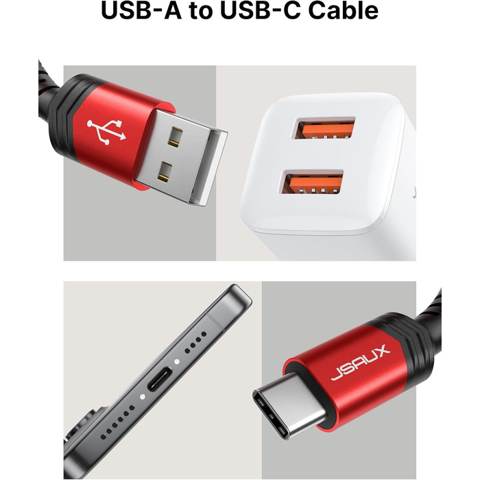 Кабель USB-C JSAUX 3.1A (2 шт. 2м), швидка зарядка, нейлон, сумісний з Samsung Galaxy, iPhone, CarPlay, PS5
