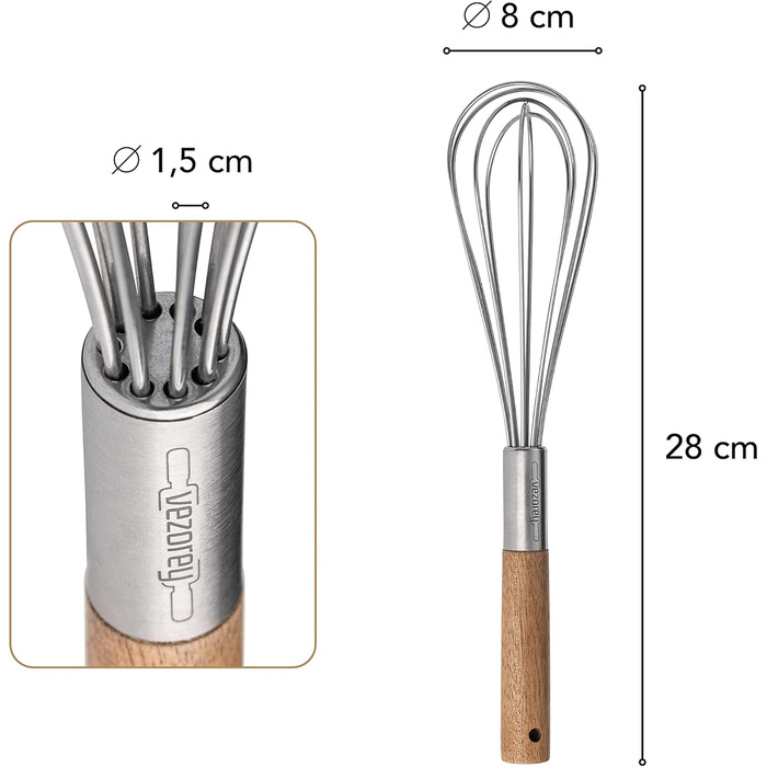 Преміум вінчик для збивання з дерев'яною ручкою з акації 28 см - високоякісний вінчик для збивання з нержавіючої сталі для кухні (стійкий до корозії) - дизайнерський вінчик та ручний вінчик з дерева