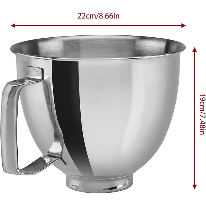 Миска з нержавіючої сталі 4,8 л з ручкою для KitchenAid, аксесуари для кухонної машини, сумісна з моделями K5THSBP, 125/150/165/175, підходить для посудомийної машини, срібляста