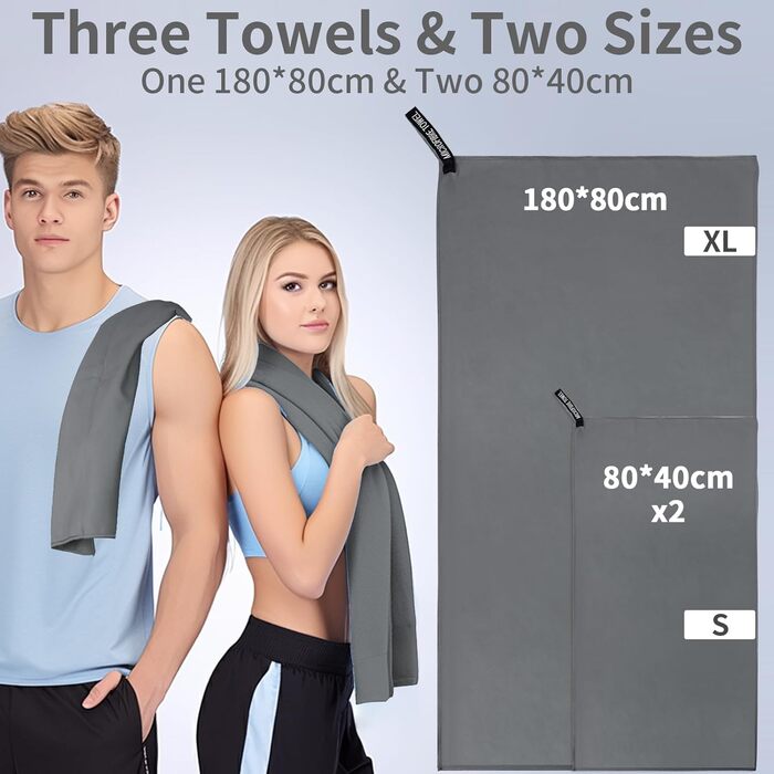 Набір рушників з мікрофібри (3 шт.): 180x80 см + 2 шт. 80x40 см, для фітнесу, сауни, пляжу, подорожей, темно-зелений (темно-сірий)