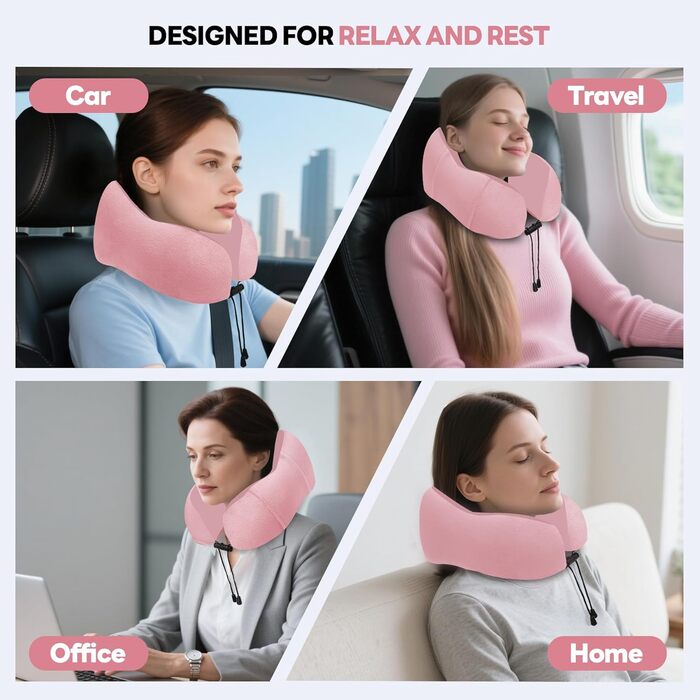Подушка для шиї у літак - подушка для подорожей Memory Foam, ергономічна форма - подушка для шиї з маскою для сну, навушниками, сумкою - ідеальна для літака, подорожей, офісу, дому Рожева
