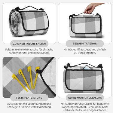 Плед для пікніка HAUSPROFI 200x200 см, водонепроникний, ізольований - великий плед для пікніка, пляжу, саду, кемпінгу. Бавовняний, з ручкою та кілочками, сіро-білий в клітинку