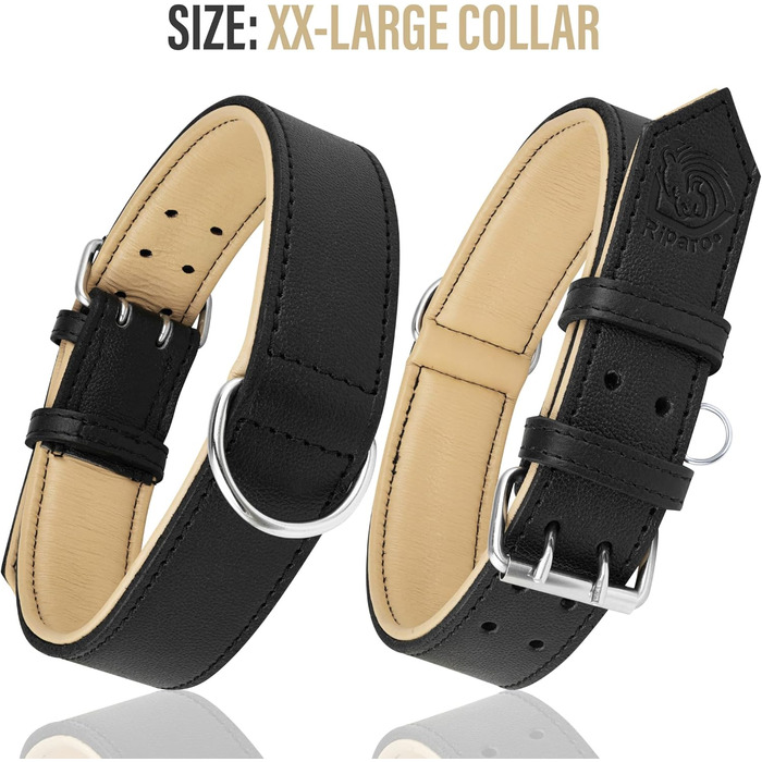 Riparo Genuine Leather Adjustable Dog Collar with Additional Reinforcement (XL: 4.5CM Wide for 53.4CM - 63.5CM Neck, Black)