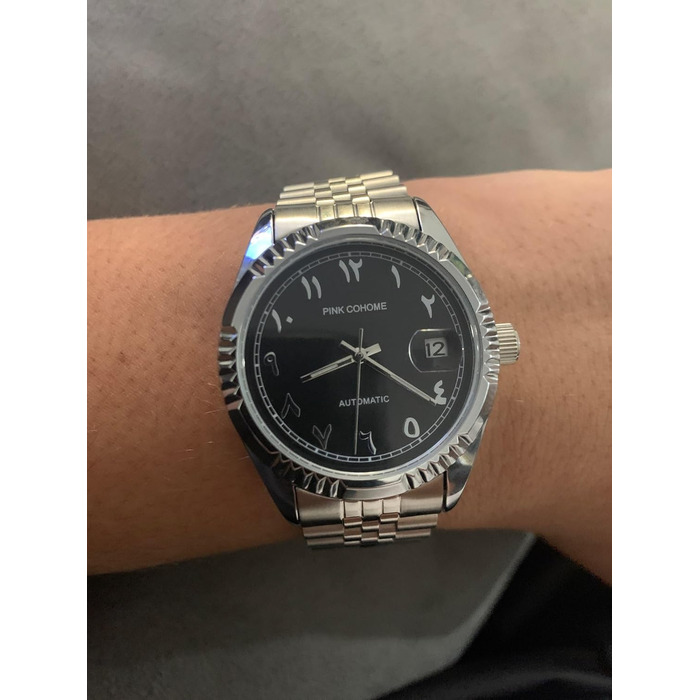 Чоловічий годинник з автоматичним механізмом, сталевий корпус, арабські цифри, 38 мм, з датою, водостійкий, чорний