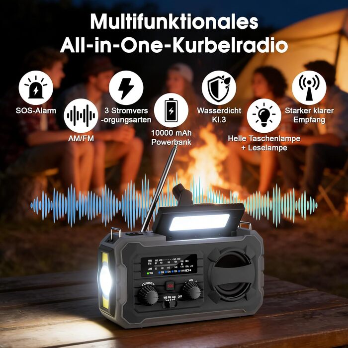 Радіо FIVAVA на сонячних батареях з ручним генератором, Powerbank 10000mAh, AM/FM, SOS-сигналізація, LED-ліхтарик для кемпінгу та надзвичайних ситуацій (Чорний)