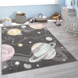 Дитячий килим Paco Home для кімнати, космос, планети, зірки, м'який антрацит, 160x220 см, прямокутний
