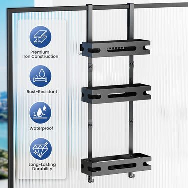 Настінна поличка для душу YEAUPE PRO 3 яруси – органайзер для ванної кімнати без свердління, з 2 присосками, 6 гачками, чорний, до 18 кг